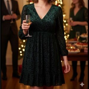 DKNY Women 8 Hunter‎ Green Burnout Velvet Vneck Babydoll Tiered Midi Dress NEW